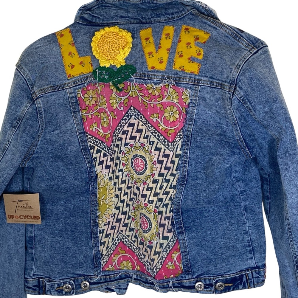 Upcycled Love Patch Denim Jacket Medium Unique NWT - image 9